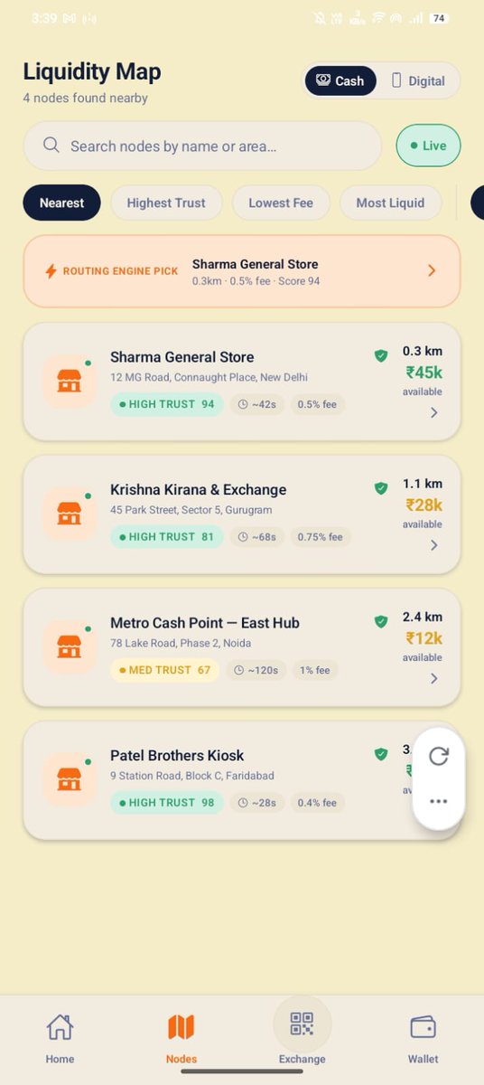 Sushovan65's tweet photo. A decentralized protocol for digital ↔ cash exchange using nearby liquidity nodes as a P2P ATM alternative. Built with Polygon smart contracts,Node.js backend,Python routing engine, Next.js web,React Native mobile, &amp; a QR-voucher system for secure and limited offline exchanges🚀 https://t.co/7LWEugfqfP