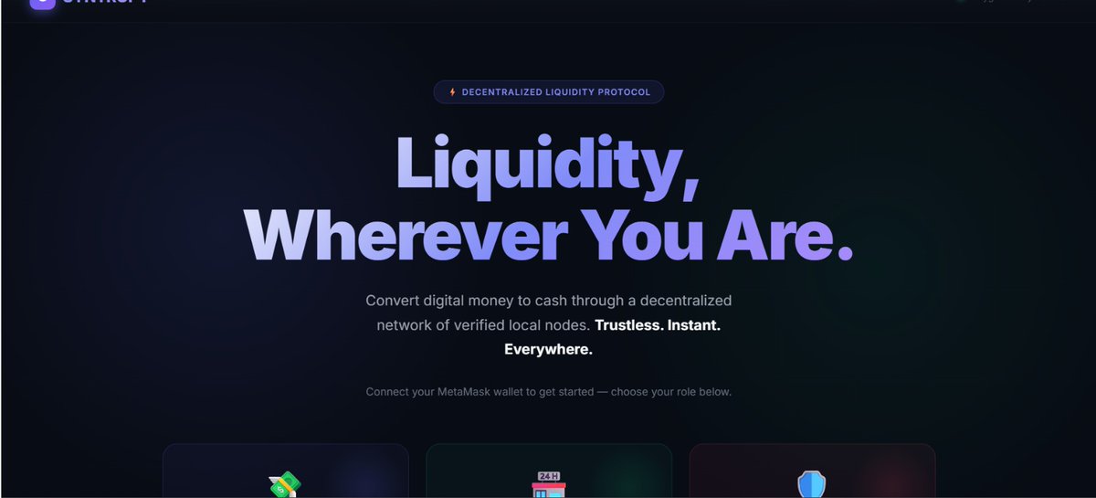 Sushovan65's tweet photo. A decentralized protocol for digital ↔ cash exchange using nearby liquidity nodes as a P2P ATM alternative. Built with Polygon smart contracts,Node.js backend,Python routing engine, Next.js web,React Native mobile, &amp; a QR-voucher system for secure and limited offline exchanges🚀 https://t.co/7LWEugfqfP