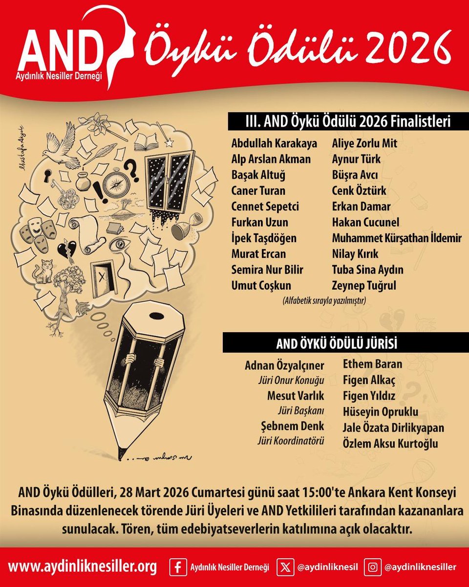 AND ÖYKÜ ÖDÜLÜ 
2026

AND Öykü Ödülü finalist öykücüler listesi açıklandı.28 Mart 2026 Cumartesi günü saat 15:00’te Ankara Kent Konseyi Binasında düzenlenecek törende Jüri Üyeleri ve AND Yetkilileri tarafından kazananlara sunulacaktır.