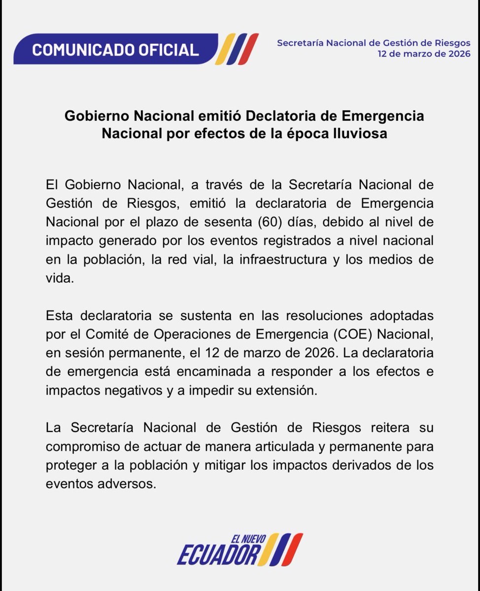 Esto ya es una emergencia nacional. El gobierno emitió la declaratoria de Emergencia Nacional por sesenta días, debido al impacto que han causado las lluvias en la población, la red vial, la infraestructura y los medios de vida.
