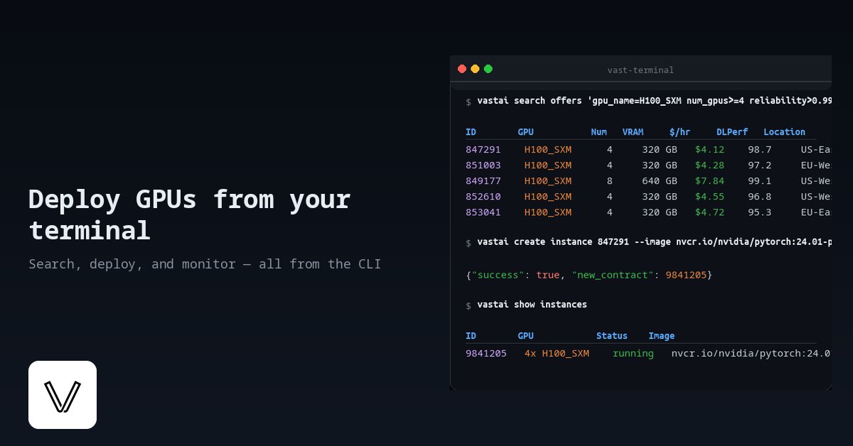 vast_ai's tweet photo. Three commands to deploy an H100. Search the marketplace, create an instance, check status. pip install vastai.