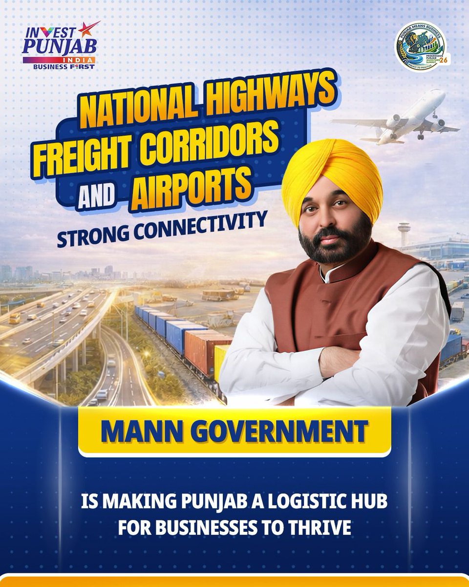 AAPPunjab's tweet photo. Better connectivity means faster trade and stronger industries.

Punjab is becoming a logistics hub for businesses to thrive.

#PunjabInvestorsSummit https://t.co/TEF5jsao35