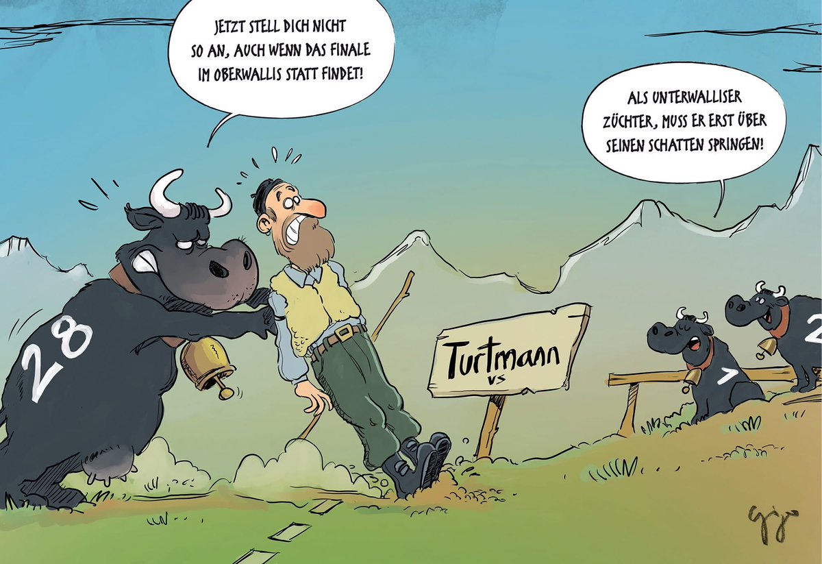 gigalcartoons's tweet photo. Nationales Finale der Eringerrasse findet in Zukunft in Turtmann statt. #Cartoon #WalliserBote #NationalsFinale #Eringer #Stechfest #Wallis https://t.co/O7gWIlhmkh