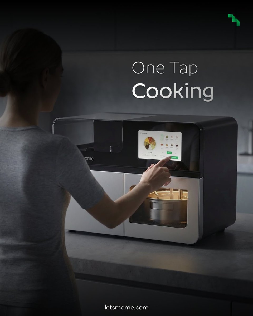 letsmome's tweet image. What if dinner was just one tap away?
MOME is the automated cooking robot that turns meal prep into a single touch. Pick a recipe, tap start, and let MOME handle the rest from seasoning to cooking. Your kitchen just got an upgrade.

#OneTapCooking #AutomatedCooking #CookingRobot