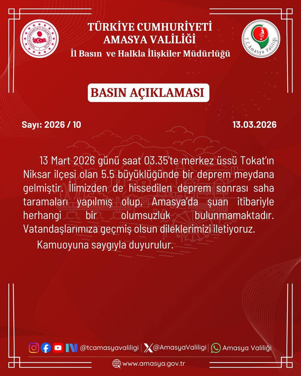 13.03.2026 Cuma Günü sabah saat: 03.35 'te Merkezi Niksar olan,  5.5 büyüklüğünde deprem meydana gelmiştir. Tüm bölgemizde yaşayan insanlarımıza  büyük geçmiş olsun diyorum.

Yüce Rabbim milletimizi her türlü felaketlerden ve beterinden korusun.  #Deprem

Hayırlı Cumalar 🇹🇷