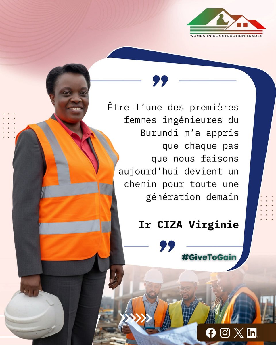 WCT_Bdi's tweet photo. Ir. CIZA Virginie,ancienne Ministre des Infrastructures et l’une des premières femmes ingénieures du Burundi, incarne la persévérance et la vision dans un secteur longtemps dominé par les hommes
#GiveToGain https://t.co/EzhwkflzuZ