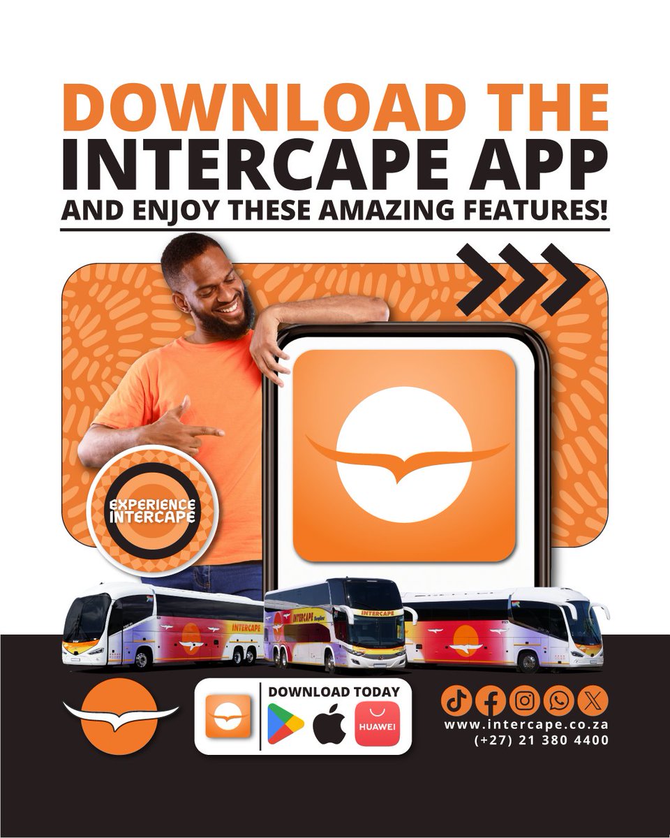 IntercapeBus's tweet image. Download the Intercape App and Enjoy these Amazing Features!

Download the Intercape App TODAY at intercape.co.za/intercape-app/ or from your preferred App Store.

#Intercape #IntercapeApp #DownloadToday #BookNow #AppFeatures