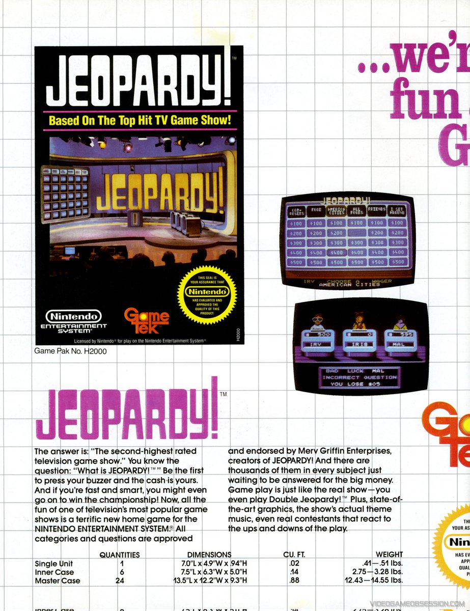 matthewhenzel's tweet photo. Scan of a rare #GameTek NES catalog from 1988. What console is complete without Wheel of Fortune or Jeopardy! ? Both were developed by @RareLtd, as was Hollywood Squares. They also show boxes for two other unreleased NES games, The Price is Right and Password. https://t.co/z7TYe6HrsU