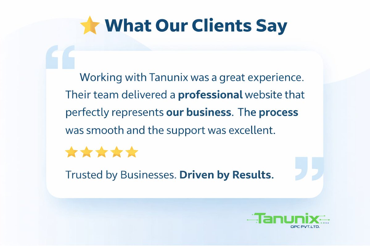 TanunixL2025's tweet image. ⭐ Client Feedback

Helping businesses grow online with professional website solutions.

Thank you for trusting Tanunix OPC Pvt. Ltd.

#ClientFeedback #WebDevelopment #DigitalBusiness #Tanunix