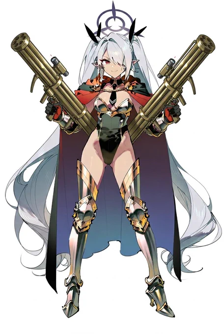 妄想上の ブルーアーカイブの臨戦イオリ テーマ『魔王』 武器:フリーガーファウスト×2 見た目はシンプルながら近代化されておりレーザー照射先に弾が誘導される