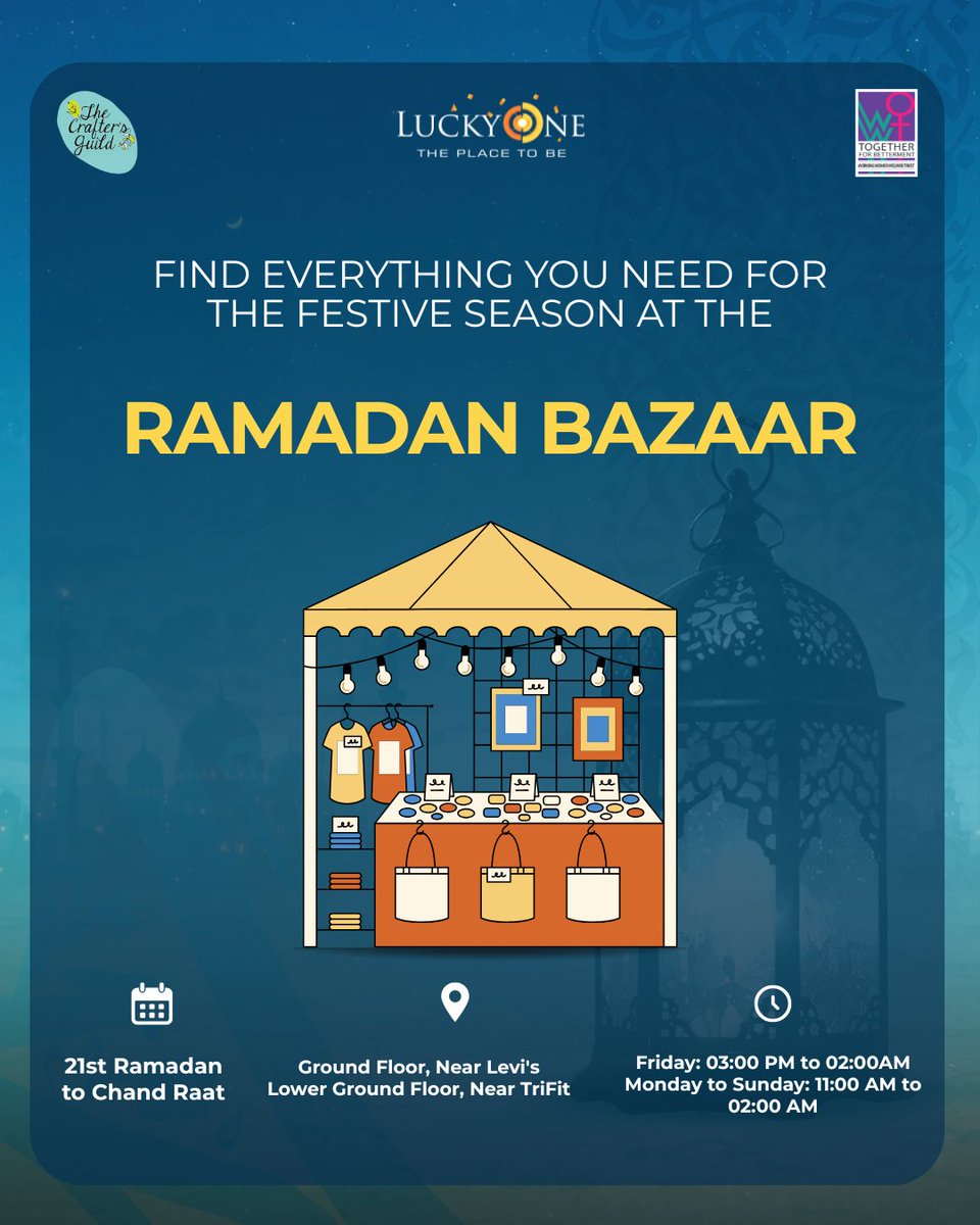 Luckyonepk's tweet image. Ramadan evenings are made for shopping and celebrations. 
Visit the Ramadan Bazaar at LuckyOne Mall and discover fashion, gifts, and festive must-haves for your Eid preparations.

Shop till Chand Raat with family and friends.

#LuckyOneMall #ThePlaceToBe #RamadanVibes #EidPrep