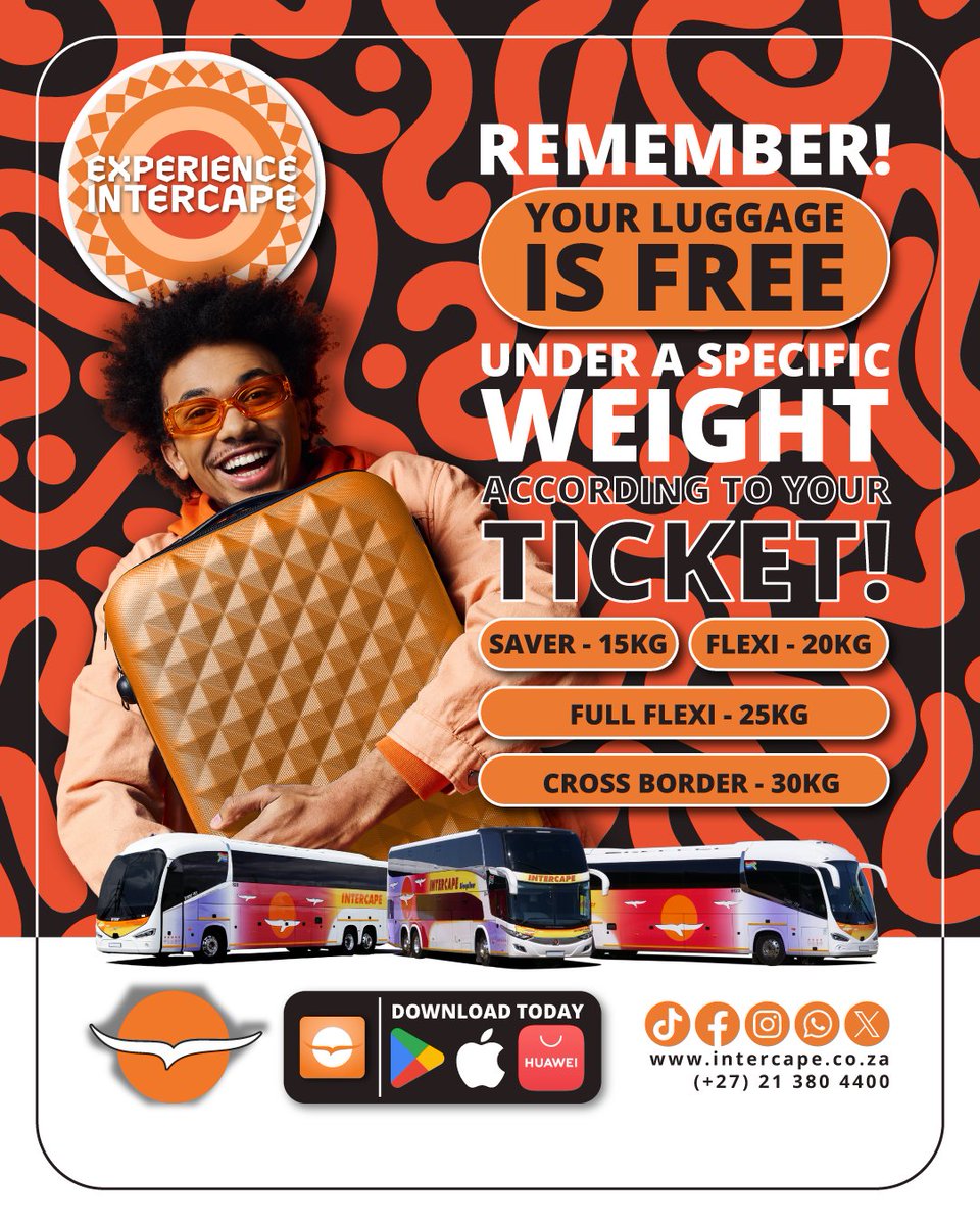 IntercapeBus's tweet image. Reminder Alert from Intercape! 

Your luggage is free under a specific weight according to your ticket! 

Download the Intercape App at intercape.co.za/intercape-app/

#Luggage #Intercape #BookToday #ExperienceIntercape #DownloadIntercapeApp