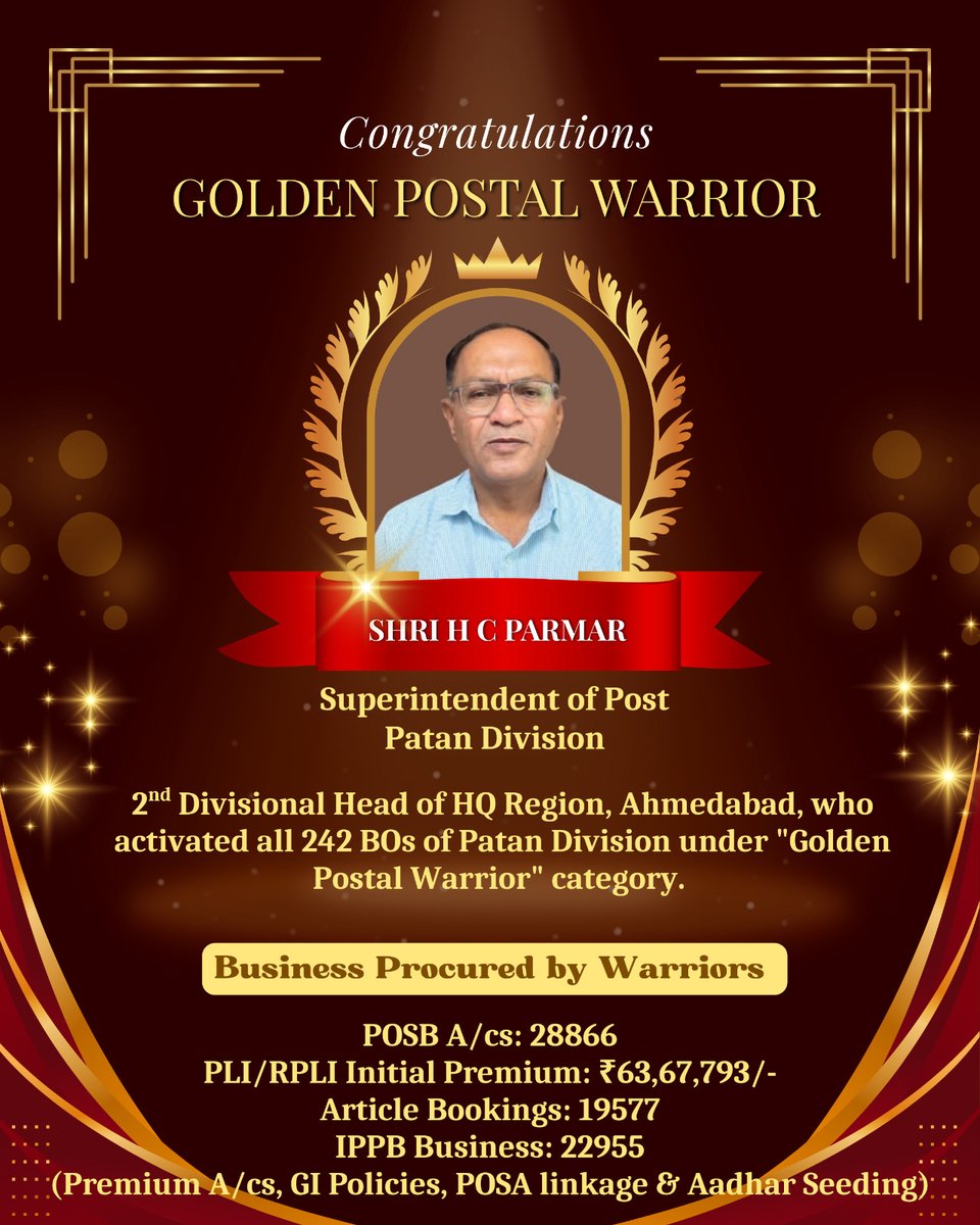 pmgnorthgujarat's tweet photo. Proud to announce that Sh. H C Parmar, Superintendent of Posts, #Patan Division under North #Gujarat Region has become Second Divisional Head to successfully activate 242 Branch #PostOffices under Golden #Postal Warrior Category. #Congratulations
@IndiaPostOffice @JM_Scindia https://t.co/nHEmC9HYcc