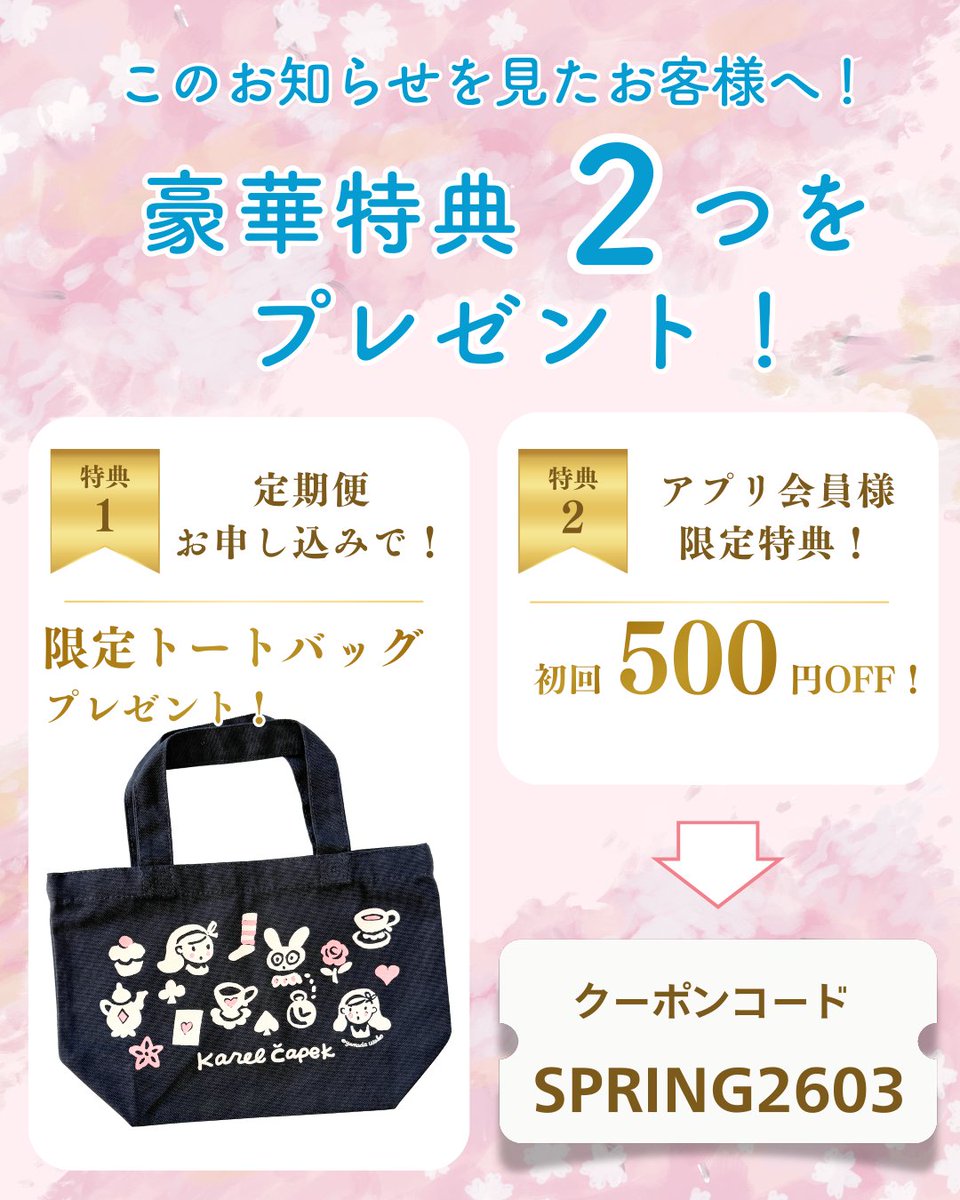 【定期便】
進学や就職でひとり立ちする家族への「紅茶の仕送り」としても人気です🎁

✅毎月22杯分（新作入り！）
✅ずっと30%OFF
✅1回でお試し・スキップOK

アリスのトートバッグに加え、
クーポン入力【 SPRING2603 】でさらにお得に！

新しい季節に、始めませんか？✨
karelcapek.co.jp/ext/lp_teiki/l…