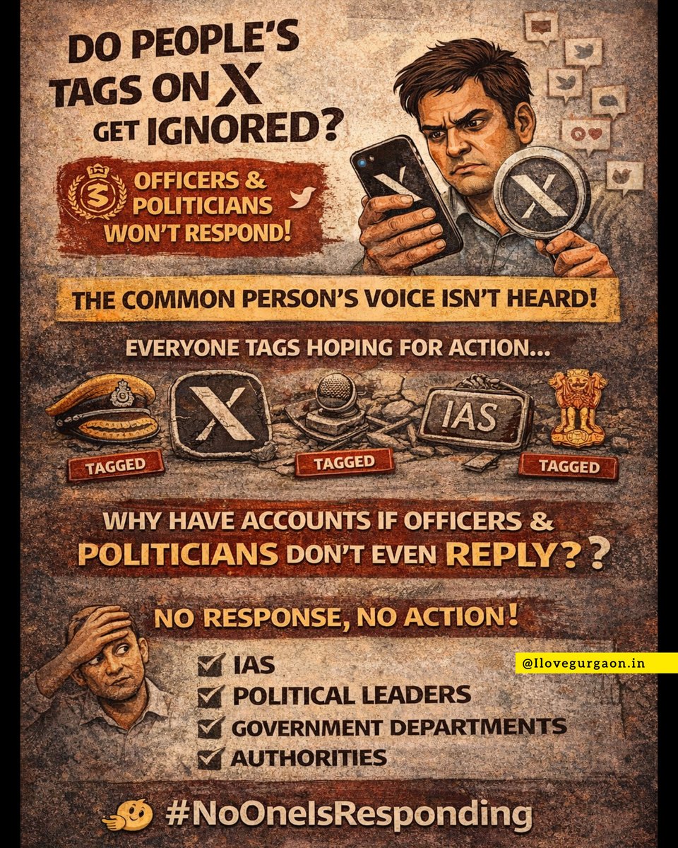 People tag officers, politicians &amp; departments on X hoping their issues will be heard and resolved. But most of the time there is no reply or action, leaving the common person feeling ignored. #Gurugram 

<a href="/DC_Gurugram/">DC Gurugram</a> <a href="/PradeepIAS_HR/">Pradeep Dahiya</a> <a href="/pcmeenaIAS/">PC Meena</a> #Gurgaon <a href="/CPCB_OFFICIAL/">Central Pollution Control Board</a> <a href="/DGPHaryana/">DGP Haryana Police</a>