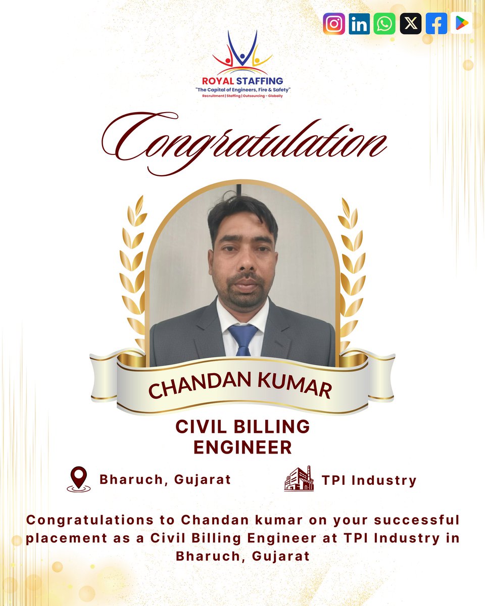 royalstaffingin's tweet photo. 🚀 Another Proud Moment for Royal Staffing!
We are delighted to celebrate the successful placements of talented professionals through Royal Staffing. Congratulations to our candidates who have secured.
#RoyalStaffing #JobPlacement #EngineeringJobs #CareerSuccess #HiringSuccess https://t.co/uewLWhyX26