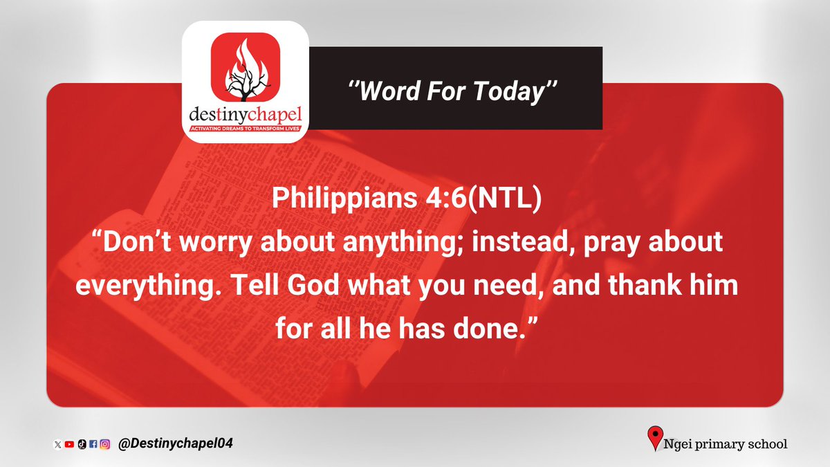 The answer to anxiety is not control, but surrender. When we pray and give thanks, we place our worries into God’s hands and trust Him to take care of what we cannot. 
#Destinychapel #pray