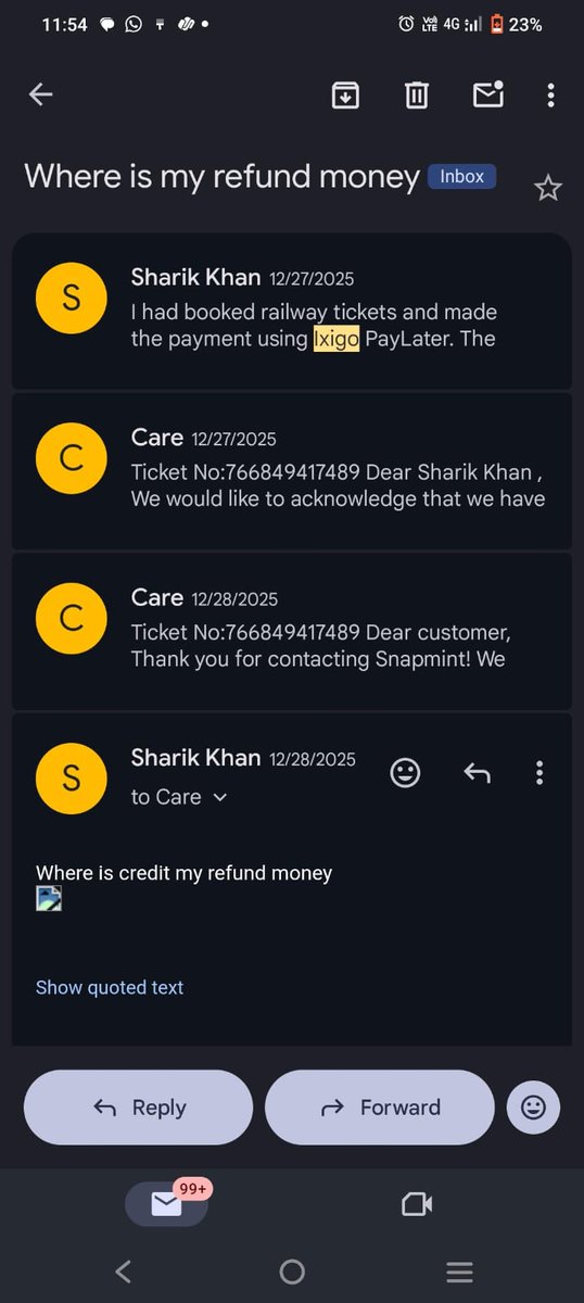 checkmatecoder's tweet photo. Dear @IRCTCofficial @AshwiniVaishnaw @ixigo 
I have book a ticket from Ghaziabad to Azmer for 15 Dec 2025 on 29 Oct and canceled it on 12 Dec but didn't get any refund I also mailed but not received a proper clarification. Please refund the amount in my original payment method. https://t.co/GfE2g6Y3hN