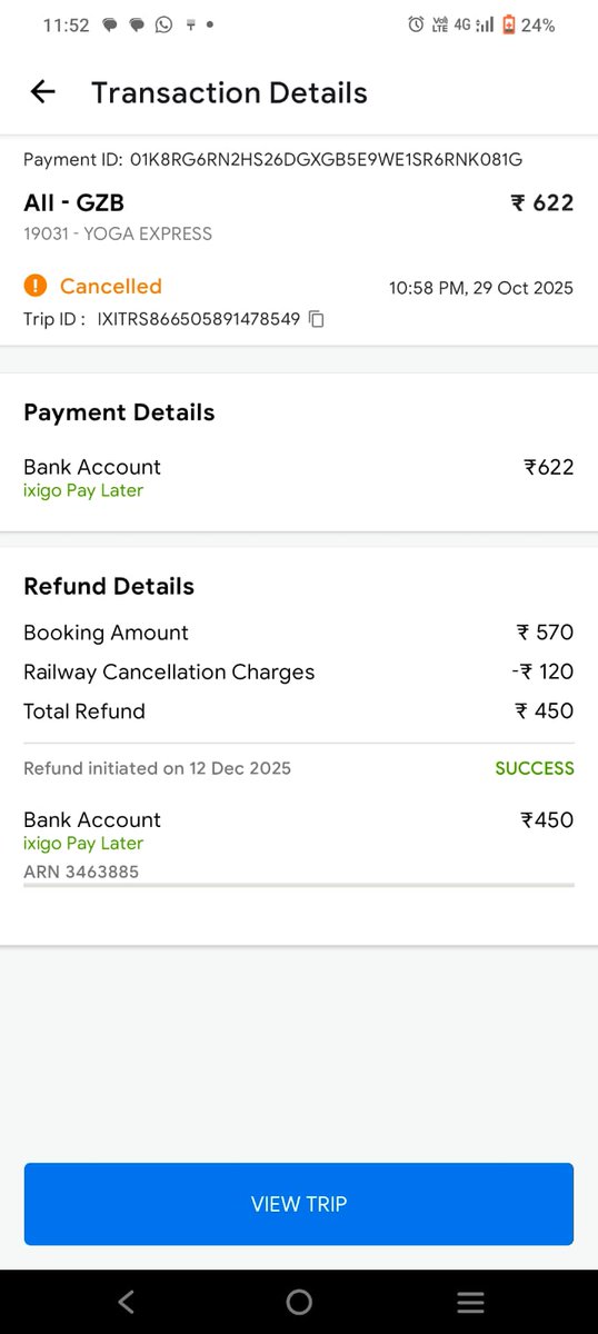 checkmatecoder's tweet photo. Dear @IRCTCofficial @AshwiniVaishnaw @ixigo 
I have book a ticket from Ghaziabad to Azmer for 15 Dec 2025 on 29 Oct and canceled it on 12 Dec but didn't get any refund I also mailed but not received a proper clarification. Please refund the amount in my original payment method. https://t.co/GfE2g6Y3hN
