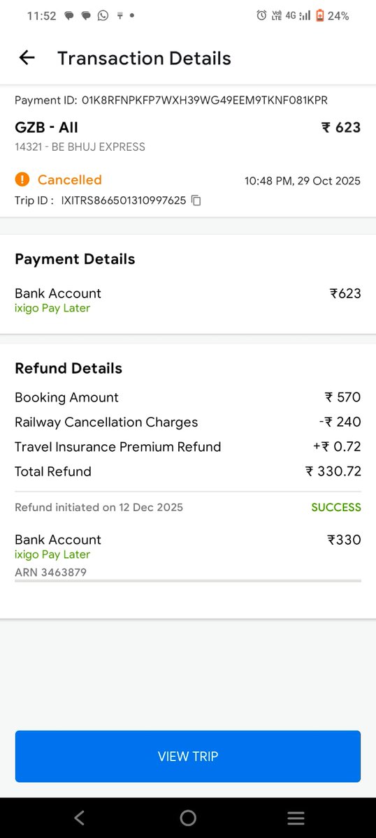 checkmatecoder's tweet photo. Dear @IRCTCofficial @AshwiniVaishnaw @ixigo 
I have book a ticket from Ghaziabad to Azmer for 15 Dec 2025 on 29 Oct and canceled it on 12 Dec but didn't get any refund I also mailed but not received a proper clarification. Please refund the amount in my original payment method. https://t.co/GfE2g6Y3hN