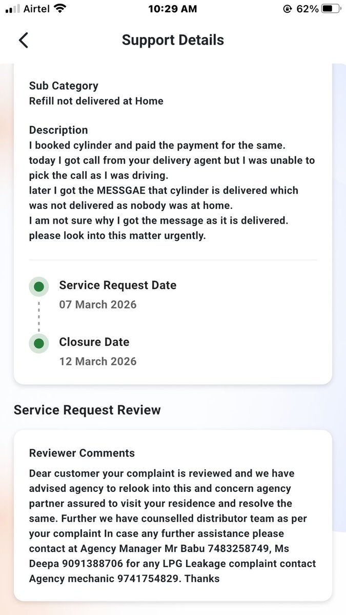 badgovil's tweet photo. @IndianOilcl My cylinder is not yet delivered but your agency saying it is delivered and you guys are not at all reachable. None of the number which you gave are working and you closed the ticket saying issue is resolved https://t.co/rkSFDMtMcM