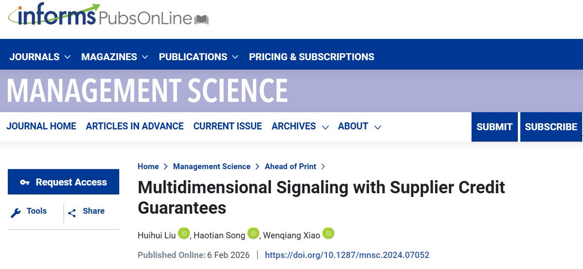Beihang1952's tweet photo. A significant achievement in credit guarantee research has been published in Management Science, conducted by Associate Prof. Huihui Liu from the School of Economics and Management at #Beihang, in collaboration with researchers from ZJU and NYU.
Link:
https://t.co/H5DHw3gvpc https://t.co/sIsjRnTgXL