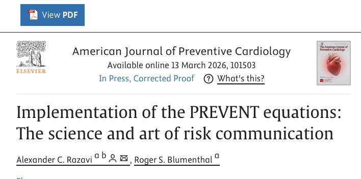 khurramn1's tweet photo. Making Sense of the PREVENT Equations: A Practical Look at Modern Cardiovascular Risk Prediction

Risk prediction remains a cornerstone of preventive cardiology, but the tools are becoming more complex. 

The AHA PREVENT equations represent an important advance, expanding risk estimation beyond ASCVD to total cardiovascular disease and incorporating elements of CKM as well as social drivers of health.

In a new @AJPCardio study, @HeartDocSadiya  and team  systematically examined how different combinations of age and risk factors influence predicted risk using the PREVENT equations.
https://t.co/36hwQr4EVe
 By simulating clinical profiles across clinically meaningful ranges, they identified when individuals cross important thresholds such as the 7.5% 10-year CVD risk used to guide preventive therapy.

1. The findings highlight while age remains a major driver of risk, CKM factors add meaningful heterogeneity. For example, individuals with diabetes and stage 3 CKD may exceed treatment thresholds decades earlier than those with otherwise average risk profiles. 

2. The analysis also reinforces the value of 30-year risk estimates, which can identify younger individuals with substantial lifetime vulnerability.

The accompanying editorial by @AlexRazavi  and @rblument1  reminds us that risk scores are not only about prediction, but about communication. Translating risk estimates into meaningful patient conversations....and potentially complementing them with tools such as CAC imaging....will be essential for effective implementation.

https://t.co/AsfQNMJ1S9

As prevention frameworks continue to evolve, work like this helps translate complex risk equations into something clinicians can apply in everyday practice.

@ASPCardio @ACCinTouch @CiccaroneCenter @DrMichaelShapir @DrMarthaGulati