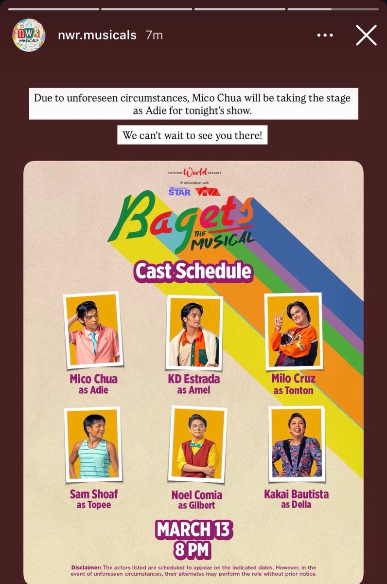 Bagets the musical cast change for tonight.
Sana okay ka lang Abunjing!