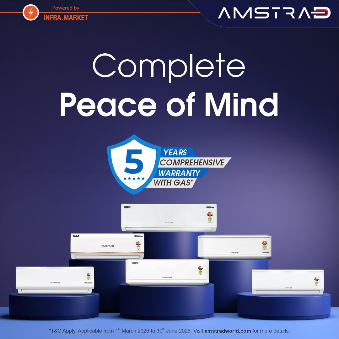 Amstrad_India's tweet image. ❄️ Complete Peace of Mind with Amstrad AC ❄️

 🛡 *5 YEARS COMPREHENSIVE WARRANTY WITH GAS

 📅 *T&amp;amp;C Apply. Applicable from 1st March 2026 to 30th June 2026.

For more details, visit amstradworld.com

#AmstradAC #ACWithWarranty #StayCool #AC #AmstradTV