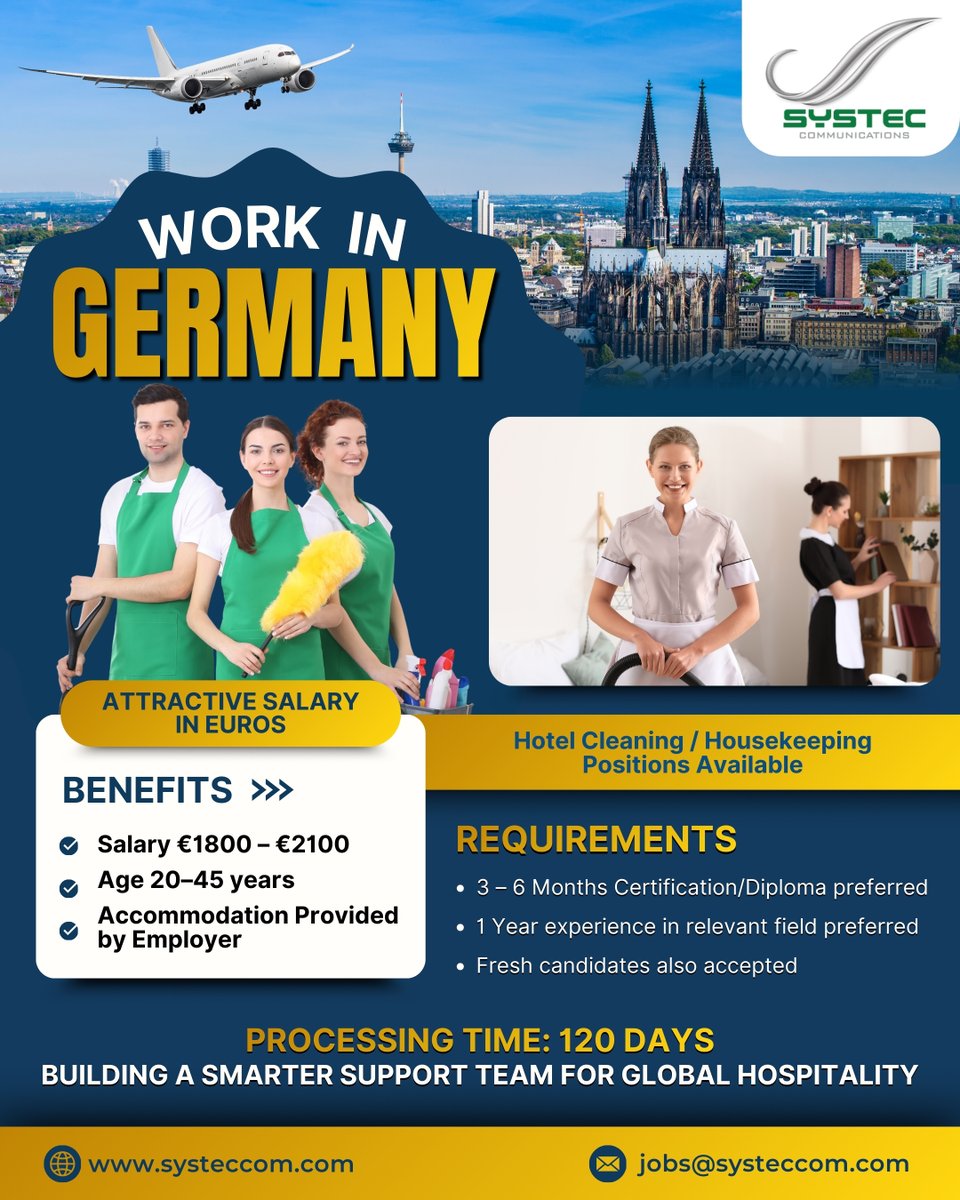 Systeccom's tweet image. Exciting Job opportunities! 

Apply now and secure your future in Germany! 🇩🇪

📩 jobs@systeccom.com
🌐 systeccom.com

#WorkInGermany #Systeccom #GermanyJobs #HospitalityJobs #WorkAbroad #AbroadOpportunity #OverseasJobs #InternationalJobs #DreamJobAbroad