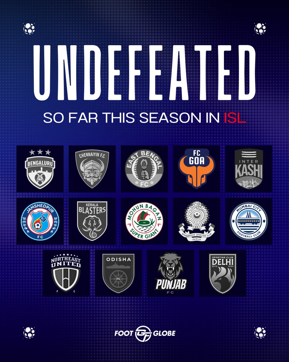 footglobeindia's tweet photo. Only FOUR teams remain 𝐔𝐍𝐃𝐄𝐅𝐄𝐀𝐓𝐄𝐃 after Matchweek 4 in the ISL 2025/26! 🔥👀
Who do you think will remain unbeaten the longest this season? 💬
#ISL #IndianSuperLeague #LetsFootball #IndianFootball https://t.co/8tVPMZLGc9