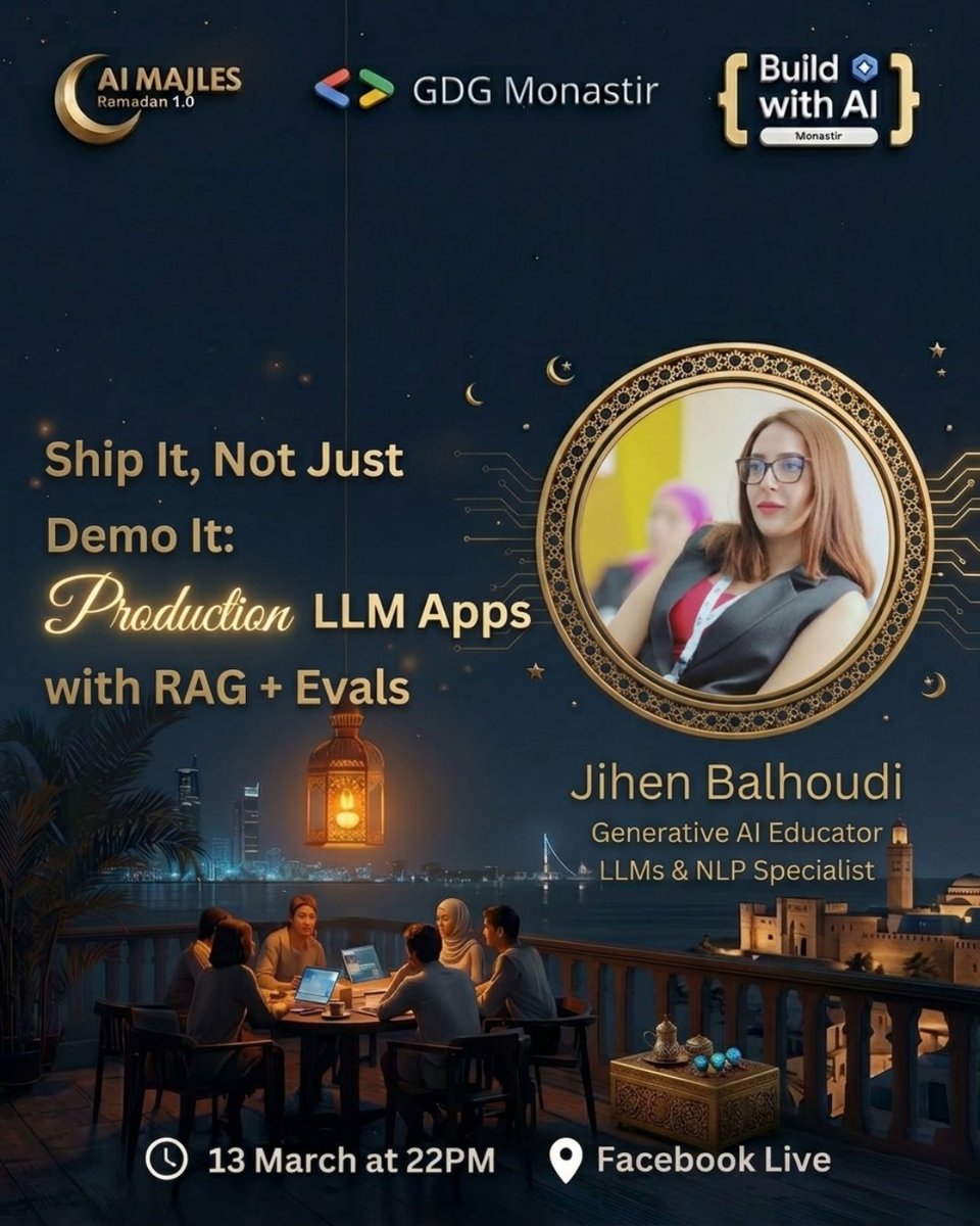 GDGMonastir's tweet image. 🔊 Speaker Announcement — AI Majles 1.0
Excited to welcome Jihen Balhoudi, AI Instructor &amp;amp; Generative AI Educator
🎤Production LLM Apps with RAG + Evals
🕙 22:00
📍 Live on Facebook
#AIMajles #BuildWithAI #GDG
@googledevs @WomenTechmakers