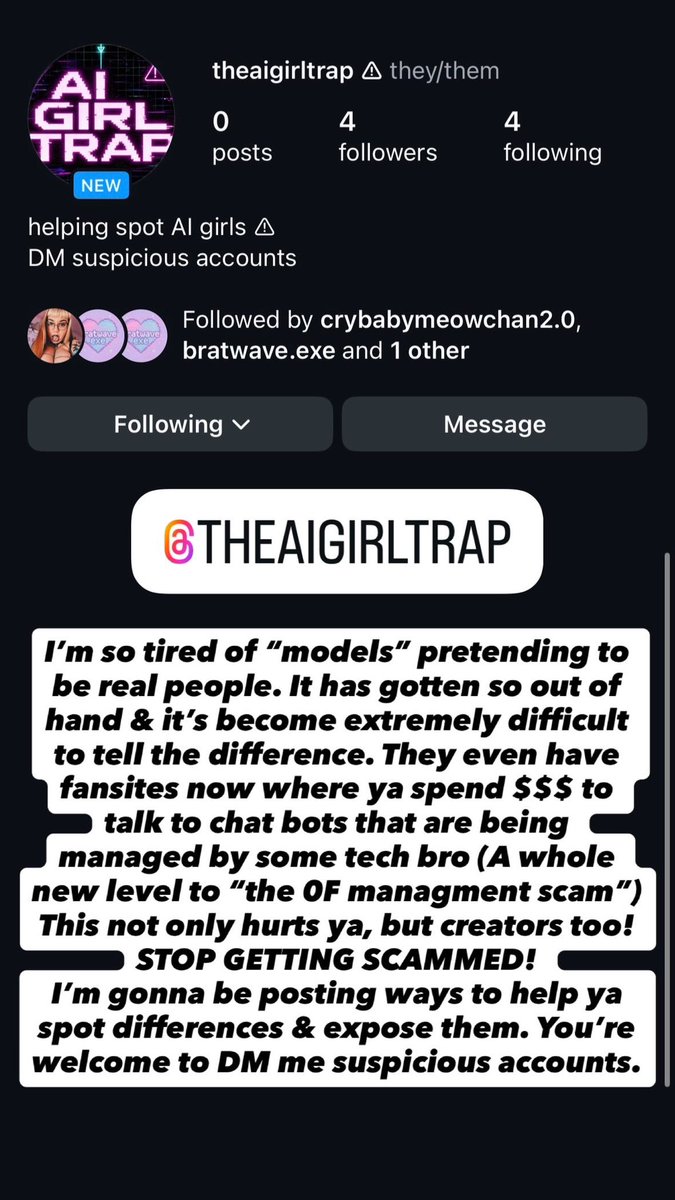 I made an account on IG to expose AI scammers (From all socials) Ya’ll should give me a follow to stay safe &amp; help spread awareness! 😌