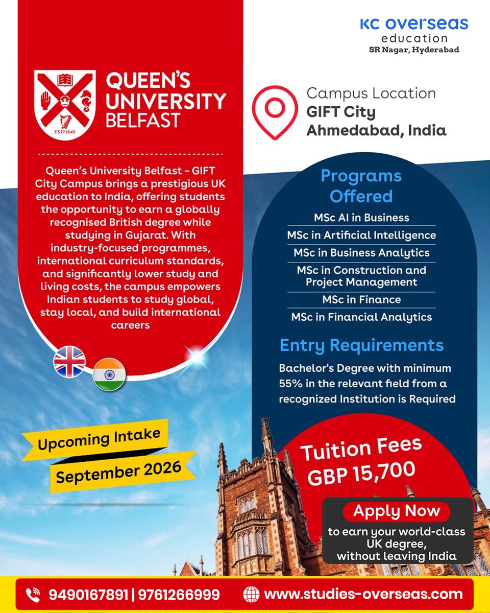kcoversea's tweet photo. Study MSc at Queen’s University Belfast GIFT City | UK Degree in India – KC Overseas Hyderabad

#QueensUniversityBelfast #StudyInUK #UKDegreeInIndia #KCOverseas #StudyAbroad #MScPrograms #ArtificialIntelligence #BusinessAnalytics #StudyInAhmedabad #GlobalEducation https://t.co/d4c1UyqHHS