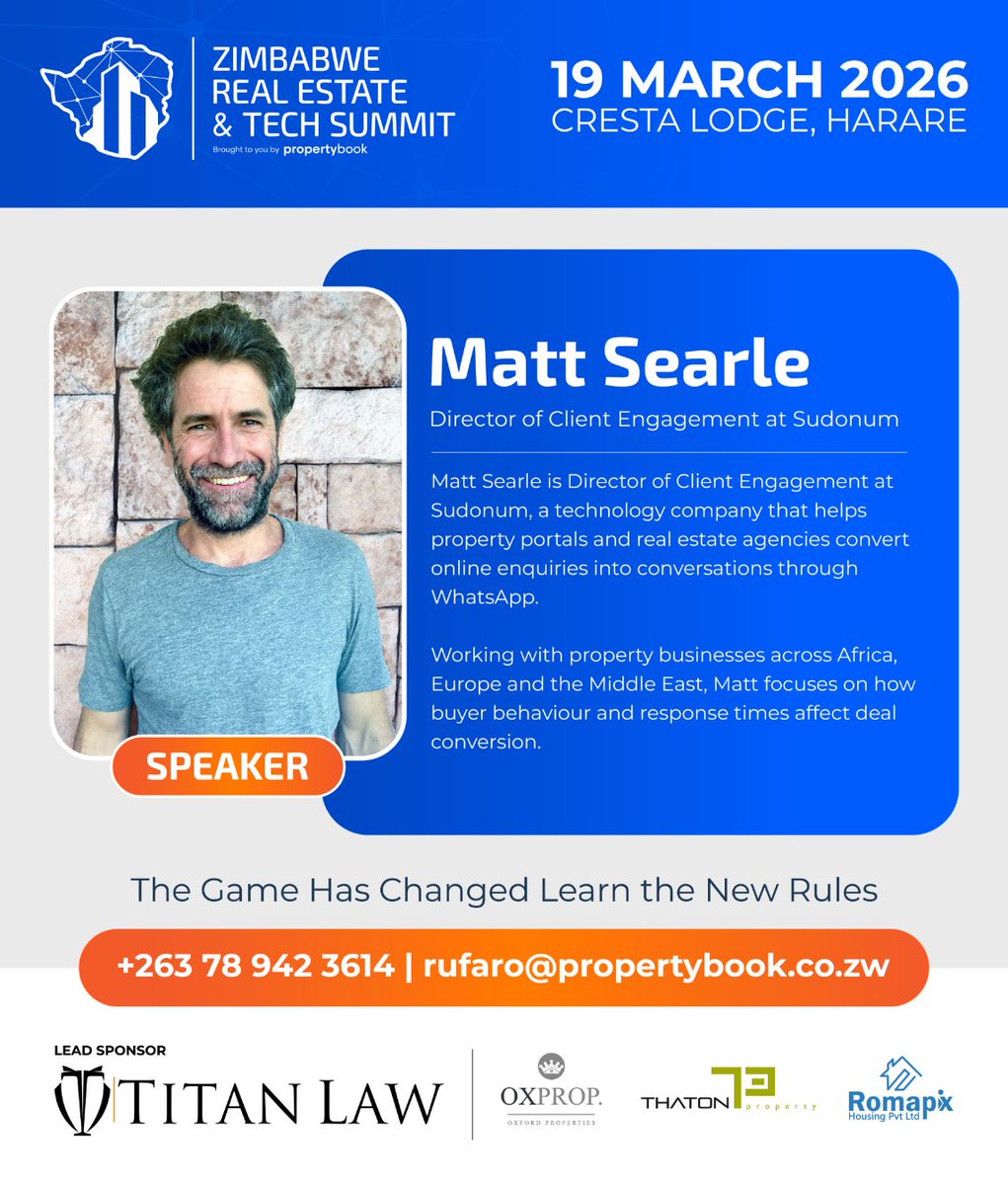 Today’s featured speaker is Matt Searle, Director of Client Engagement at Sudonum.

At RETS Matt will be speaking on: Slow Responses: The Number One Killer of Your Hot Leads

To learn more about Matt and the full speaker lineup, visit:
eventbrite.com/e/zimbabwe-rea…