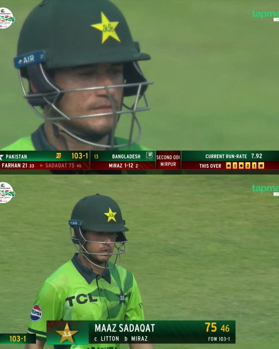 MAAZ out After Scoring 75 offf just 46 balls

- well played Larkay 💚❤
#PAKVSBANG