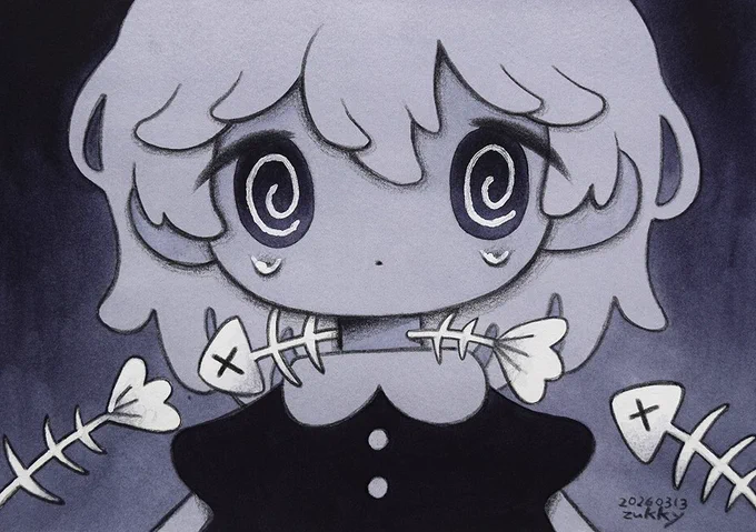 今週の落書き A5(210×148mm) 水彩紙、透明水彩、色鉛筆、修正ペン