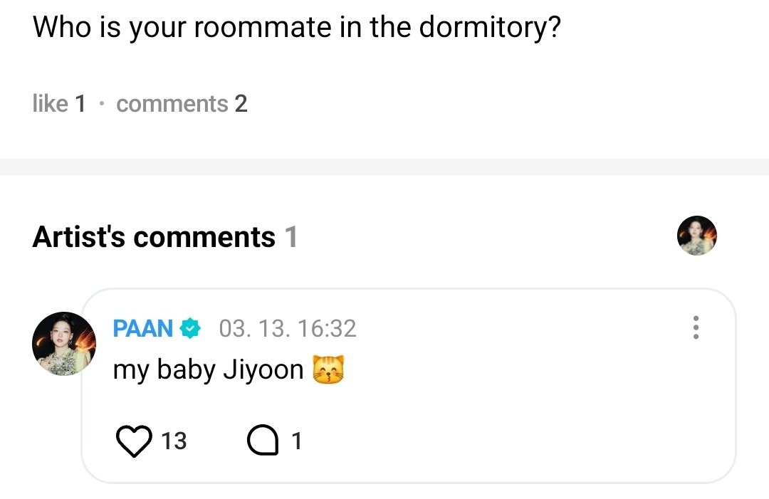 vvbitzup's tweet photo. [WEVERSE] 💬 260313 — #PAAN 

🧸: Who is your roommate in the dormitory?

🦊: My baby Jiyoon 😽

#VVUP #비비업 https://t.co/fpFWmGfHJv