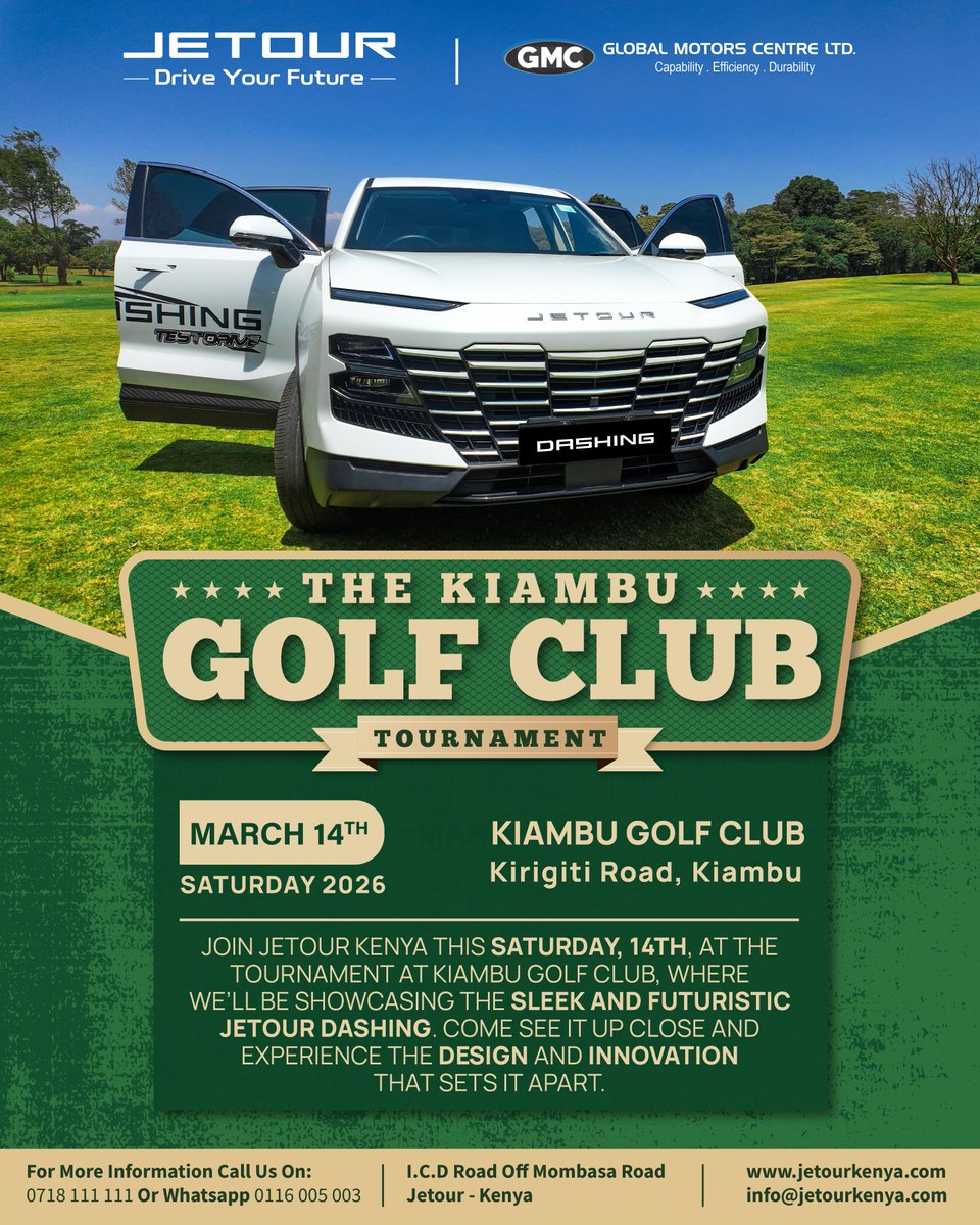jetour_kenya's tweet photo. Join Jetour Kenya this Saturday, 14th at the tournament at Kiambu Golf Club, where we’ll be showcasing the bold and futuristic Jetour Dashing.
Stop by our display area and experience its striking design and innovation up close.
#jetourkenya #JetourDashing #Jetour https://t.co/oJFHwcraqF