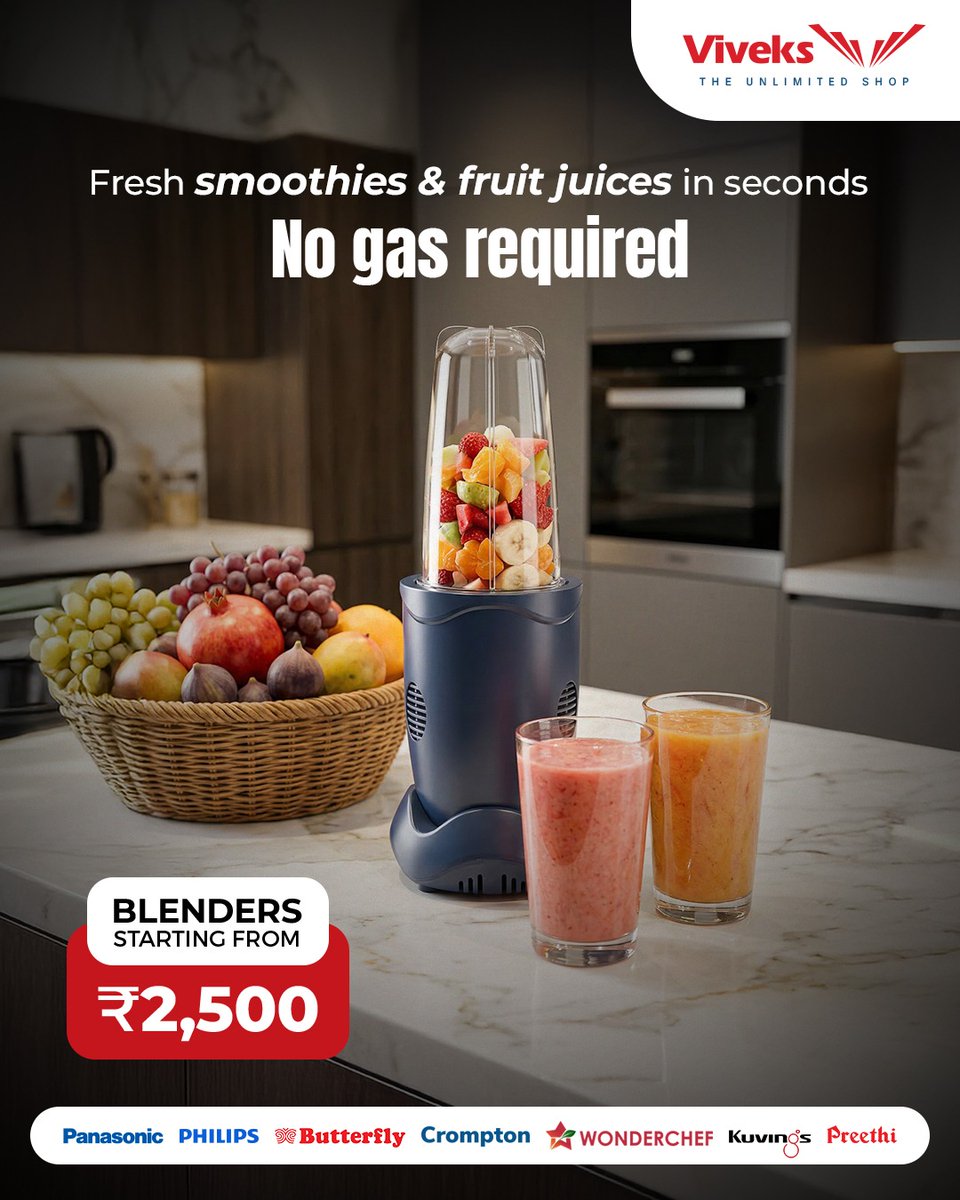 Fuel your body with nature’s goodness—no gas required!🥤Whether it’s a protein smoothie or a fresh fruit blend, get smooth results in seconds with our advanced Blenders.

✨ Starting from just ₹2,500/-
Shop @ viveks.com

#Viveks #HealthyLiving #BlenderLife #ZeroGas