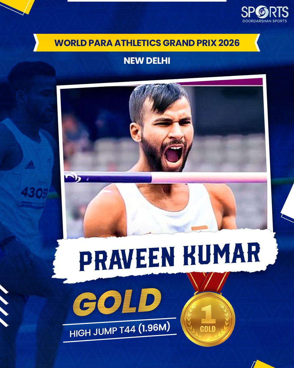 ddsportschannel's tweet photo. 🇮🇳🏅 भारतीय पैरा एथलीटों का शानदार प्रदर्शन!

नई दिल्ली में आयोजित World Para Athletics Grand Prix 2026 में भारतीय खिलाड़ियों ने हाई जंप स्पर्धाओं में दो स्वर्ण पदक जीतकर देश का नाम रोशन किया।

🥇 Praveen Kumar — पुरुष T44 हाई जंप में 1.96 मीटर की छलांग के साथ गोल्ड
🥇 Shailesh Kumar — पुरुष T42 हाई जंप में 1.84 मीटर के साथ स्वर्ण

भारत के पैरा एथलीट लगातार अंतरराष्ट्रीय मंच पर शानदार प्रदर्शन कर रहे हैं। 👏🇮🇳

#ParaAthletics #TeamIndia #WorldParaAthletics #IndianSports 

@PCI_IN_Official @IndiaSports @Media_SAI