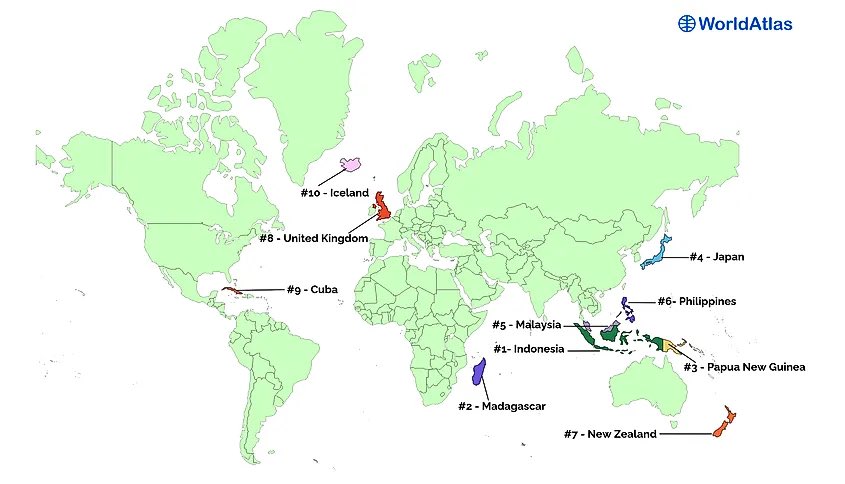 World’s Largest Islands (by Area)
1.Greenland — Denmark
2. New Guinea — Indonesia / Papua New Guinea
3.Borneo — Indonesia / Malaysia / Brunei
4.Madagascar — Madagascar
5.Baffin Island — Canada
6.Sumatra — Indonesia
7.Honshu — Japan
8.Victoria Island — Canada
9.Great Britain —