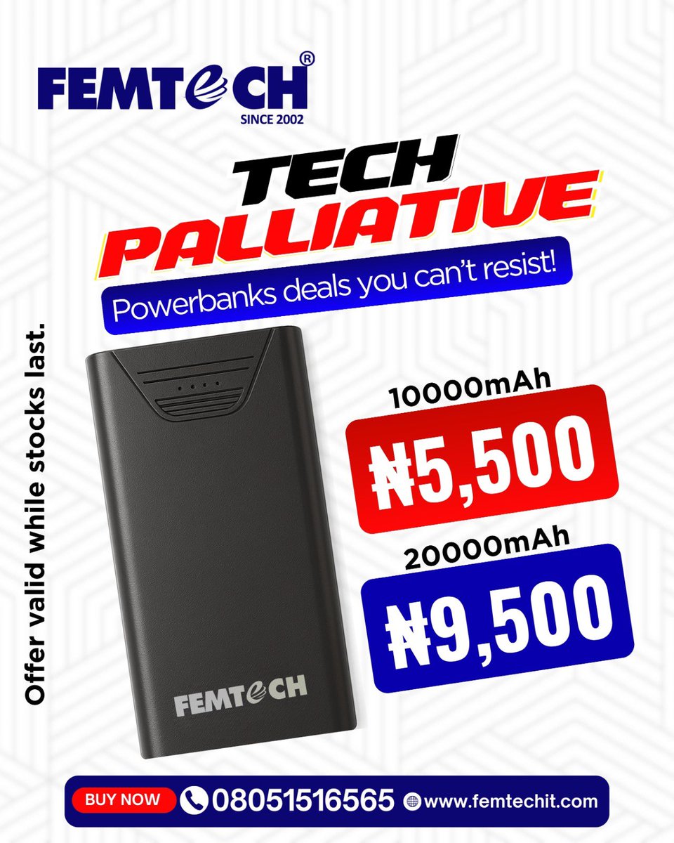 femtechitworld's tweet photo. 🔥 Tech Palliative Powerbank Deals You Can’t Resist!

🔋 10,000mAh – Only ₦5,500
🔋 20,000mAh – Only ₦9,500

Perfect for:
✅ Smartphones
✅ Tablets
✅ Everyday backup power

📞 Call / WhatsApp: 08091119223
🌐 Order online: https://t.co/OwTbOubgqs https://t.co/IwN7it7ZbL