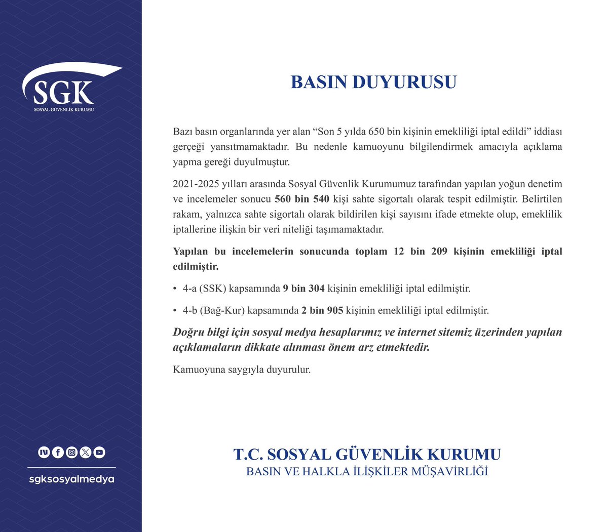 Bazı basın organlarında yer alan “Son 5 yılda 650 bin kişinin emekliliği iptal edildi” iddiası kesinlikle gerçeği yansıtmamaktadır.

Yapılan denetim ve incelemeler sonucunda son 5 yılda toplam 12 bin 209 kişinin emekliliği iptal edilmiştir.

Kamuoyuna saygıyla duyurulur.