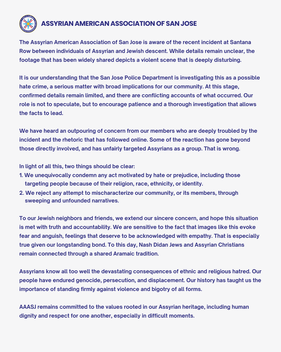 AAAofSJ's tweet photo. A statement from @AAAofSJ President Wilfred Bet-Alkhas on the Santana Row incident: https://t.co/Lh4RifrVj1