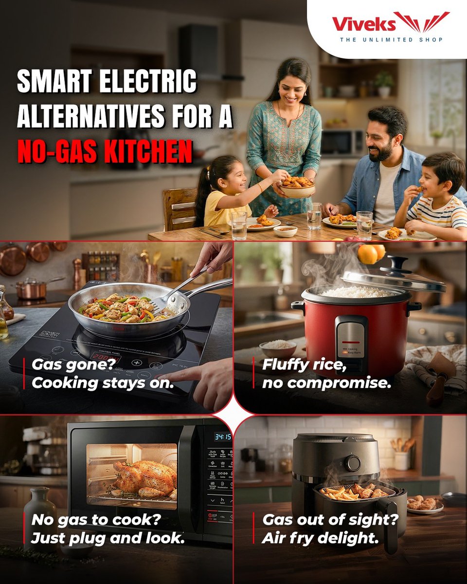 LPG shortage? Keep cooking with Smart Electric Alternatives! 🥘⚡

🍳 Induction Cooktops 🍚 Electric Cookers 🍗 Microwaves 🍟 Air Fryers
No gas, no compromise! Experience a Zero-Gas Kitchen today. 🚫⛽
Shop @ viveks.com 🛒

#Viveks #SmartKitchen #ZeroGas
