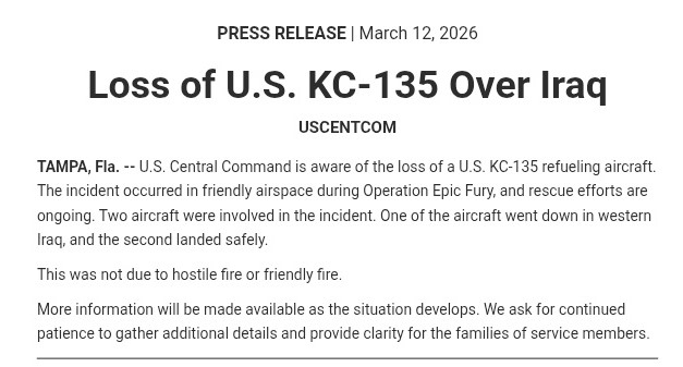 AviationGreeks's tweet photo. 🔴 A KC-135 Stratotanker operated by the United States Air Force has reportedly crashed in western Iraq with six crew members on board. Their status remains unknown as search-and-rescue operations are underway. A second tanker landed safely in Israel. ✈️ https://t.co/88651oLguR