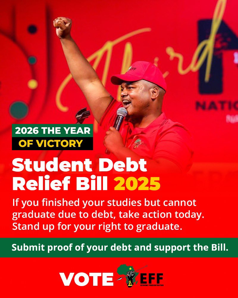 EFFSouthAfrica's tweet photo. ♦️Student Debt Relief Bill♦️

Completed your studies but cannot graduate due to debt, take action today. Stand up for your right to graduate.

Submit proof of your debt and support the Bill. 

See link to the Bill: https://t.co/x9Gz72YtPT https://t.co/l9QJYHLdDn