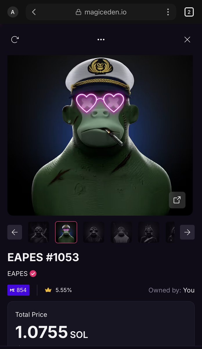 simonwilliams75's tweet photo. 🚨 STEAL ALERT 🚨
Grab this rare Naked Zombie @eapesclub for just 1.07 $SOL! 🧟‍♂️💎

Dripped out in:
⚓️ Sailor Hat
💖 Love Glasses
💨 Vape
👂 Stud Earring

Staking is LIVE &amp; supply is drying up—less than 5.5% listed! 📈 Don’t sleep on this beaut 🤩
#JoinTheTribe #Solana #NFTs 🚀🐒 https://t.co/DIDtCtdsUZ