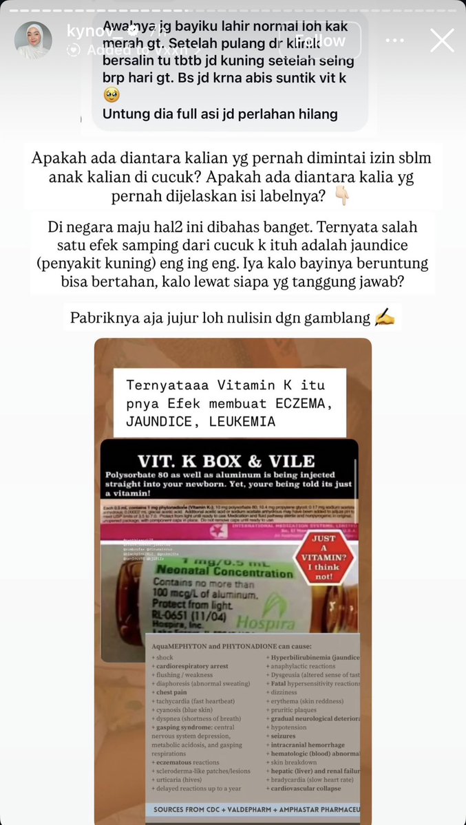 Sedang ramai penjelasan dari Bude Wellness kalau pemberian vitamin K itu bisa bikin bayi jadi kuning.

Izin gue bahas ya faktanya seperti apa.

Pemberian vitamin K pada bayi baru lahir tujuannya untuk mencegah Hemorrhagic Disease of the Newborn, yang merupakan perdarahan akibat